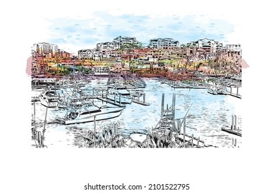 Building view with landmark of Cabo San Lucas is the 
city in Mexico. Watercolor splash with hand drawn sketch illustration in vector.