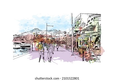 Building view with landmark of Cabo San Lucas is the 
city in Mexico. Watercolor splash with hand drawn sketch illustration in vector.