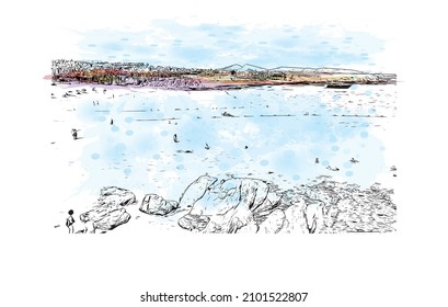 Building view with landmark of Cabo San Lucas is the 
city in Mexico. Watercolor splash with hand drawn sketch illustration in vector.