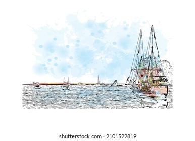 Der Ausblick auf das Gebäude mit Wahrzeichen von Cabo San Lucas ist der 
Stadt in Mexiko. Handgezeichnete Skizzengrafik in Vektorgrafik.