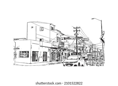 Building view with landmark of Cabo San Lucas is the 
city in Mexico. Hand drawn sketch illustration in vector.