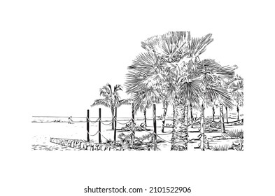 Building view with landmark of Cabo San Lucas is the 
city in Mexico. Hand drawn sketch illustration in vector.