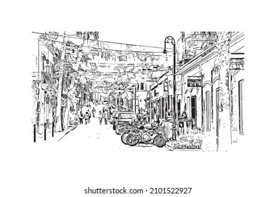 Building view with landmark of Cabo San Lucas is the 
city in Mexico. Hand drawn sketch illustration in vector.