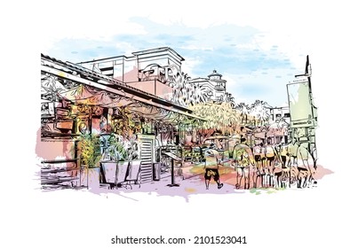 Building view with landmark of Cabo San Lucas is the 
city in Mexico. Watercolor splash with hand drawn sketch illustration in vector.