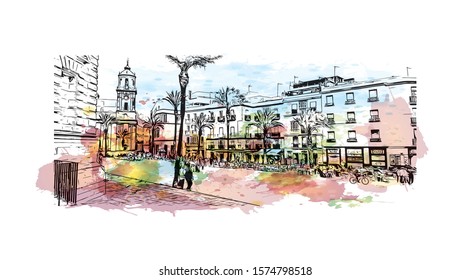 Building view with landmark of Cadiz is an ancient port city in the Andalucia region of southwestern Spain. Watercolor splash with Hand drawn sketch illustration in vector.