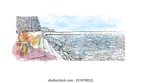 Building view with landmark of Cadiz is an ancient port city in the Andalucia region of southwestern Spain. Watercolor splash with Hand drawn sketch illustration in vector.