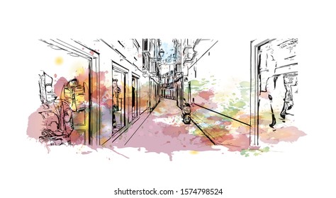 Building view with landmark of Cadiz is an ancient port city in the Andalucia region of southwestern Spain. Watercolor splash with Hand drawn sketch illustration in vector.
