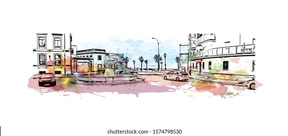 Building view with landmark of Cadiz is an ancient port city in the Andalucia region of southwestern Spain. Watercolor splash with Hand drawn sketch illustration in vector.
