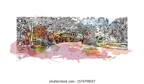 Building view with landmark of Cadiz is an ancient port city in the Andalucia region of southwestern Spain. Watercolor splash with Hand drawn sketch illustration in vector.