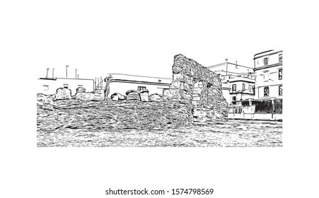 Building view with landmark of Cadiz is an ancient port city in the Andalucia region of southwestern Spain. Hand drawn sketch illustration in vector.