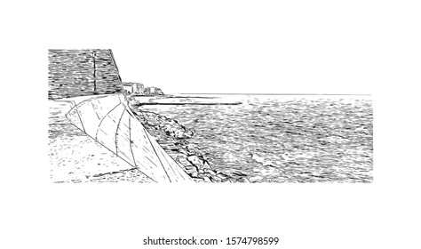 Building view with landmark of Cadiz is an ancient port city in the Andalucia region of southwestern Spain. Hand drawn sketch illustration in vector.