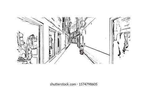 Building view with landmark of Cadiz is an ancient port city in the Andalucia region of southwestern Spain. Hand drawn sketch illustration in vector.