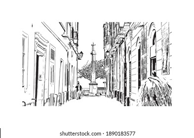 Building view with landmark of Cadiz is the
city in Spain. Hand drawn sketch illustration in vector.