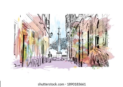 Building view with landmark of Cadiz is the
city in Spain. Watercolour splash with hand drawn sketch illustration in vector.