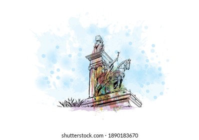 Building view with landmark of Cadiz is the
city in Spain. Watercolour splash with hand drawn sketch illustration in vector.