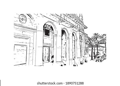 Building view with landmark of Cadiz is the
city in Spain. Hand drawn sketch illustration in vector.