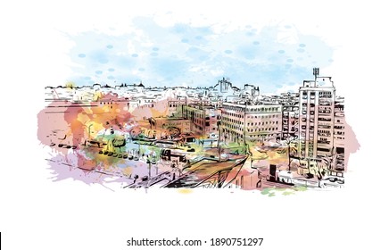 Building view with landmark of Cadiz is the
city in Spain. Watercolour splash with hand drawn sketch illustration in vector.