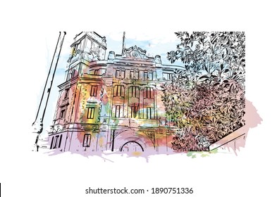 Building view with landmark of Cadiz is the
city in Spain. Watercolour splash with hand drawn sketch illustration in vector.
