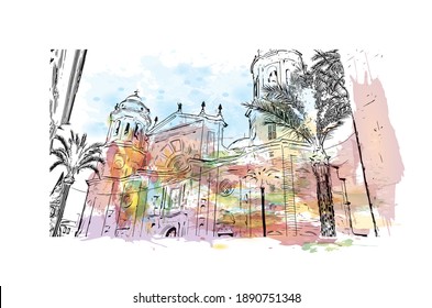 Building view with landmark of Cadiz is the
city in Spain. Watercolour splash with hand drawn sketch illustration in vector.