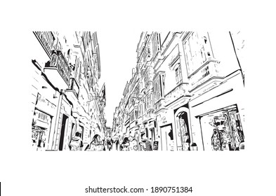 Building view with landmark of Cadiz is the
city in Spain. Hand drawn sketch illustration in vector.