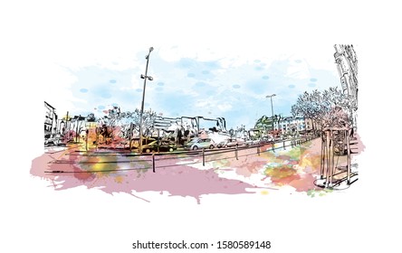 Building view with landmark of Caen is a port city and capital of Calvados department in northern France's Normandy region. Watercolor splash with Hand drawn sketch illustration in vector.