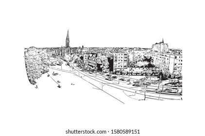 Building view with landmark of Caen is a port city and capital of Calvados department in northern France's Normandy region. Hand drawn sketch illustration in vector.