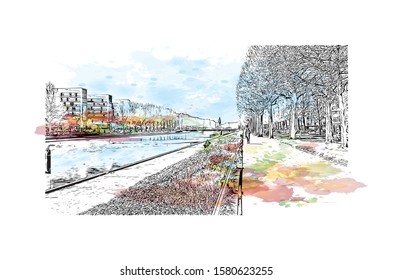 Building view with landmark of Caen is a port city and capital of Calvados department in northern France's Normandy region. Watercolor splash with Hand drawn sketch illustration in vector.