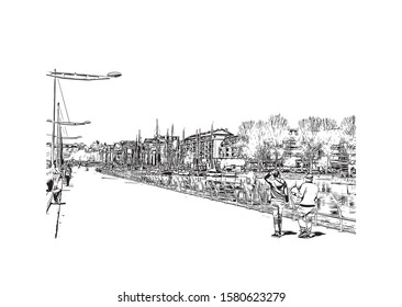 Building view with landmark of Caen is a port city and capital of Calvados department in northern France's Normandy region. Hand drawn sketch illustration in vector.