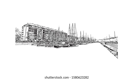 Building view with landmark of Caen is a port city and capital of Calvados department in northern France's Normandy region. Hand drawn sketch illustration in vector.