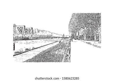 Building view with landmark of Caen is a port city and capital of Calvados department in northern France's Normandy region. Hand drawn sketch illustration in vector.