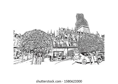 Building view with landmark of Caen is a port city and capital of Calvados department in northern France's Normandy region. Hand drawn sketch illustration in vector.