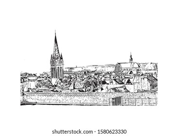 Building view with landmark of Caen is a port city and capital of Calvados department in northern France's Normandy region. Hand drawn sketch illustration in vector.