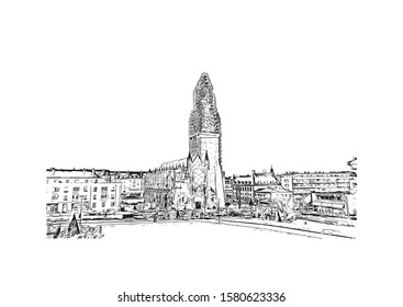 Building view with landmark of Caen is a port city and capital of Calvados department in northern France's Normandy region. Hand drawn sketch illustration in vector.