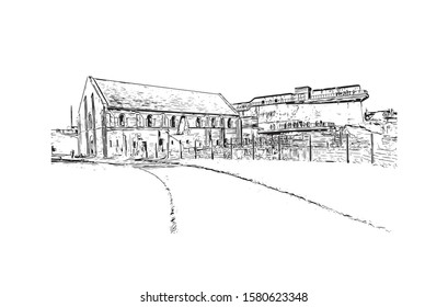 Building view with landmark of Caen is a port city and capital of Calvados department in northern France's Normandy region. Hand drawn sketch illustration in vector.
