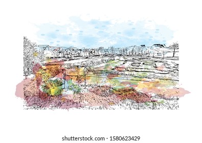 Building view with landmark of Caen is a port city and capital of Calvados department in northern France's Normandy region. Watercolor splash with Hand drawn sketch illustration in vector.