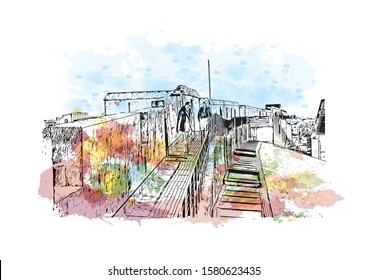 Building view with landmark of Caen is a port city and capital of Calvados department in northern France's Normandy region. Watercolor splash with Hand drawn sketch illustration in vector.