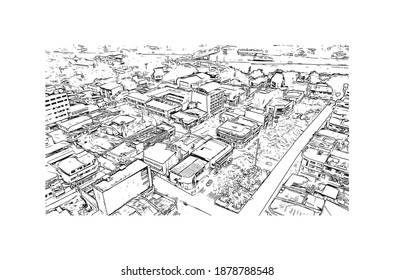 Der Ausblick auf das Gebäude mit Wahrzeichen von Cagayan de Oro ist der
Stadt auf den Philippinen. Handgezeichnete Skizzengrafik in Vektorgrafik.