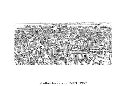 Building view with landmark of Cagliari is the capital city of the Italian island of Sardinia. Hand drawn sketch illustration in vector.