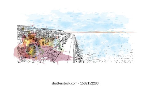 Building view with landmark of Cagliari is the capital city of the Italian island of Sardinia. Watercolor splash with Hand drawn sketch illustration in vector.
