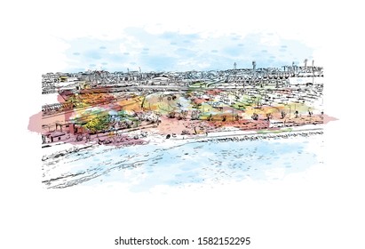 Building view with landmark of Cagliari is the capital city of the Italian island of Sardinia. Watercolor splash with Hand drawn sketch illustration in vector.
