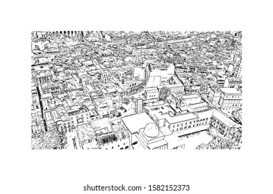 Building view with landmark of Cagliari is the capital city of the Italian island of Sardinia. Hand drawn sketch illustration in vector.