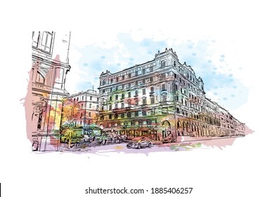 Building view with landmark of Cagliari is the capital city of Italy. Watercolour splash with hand drawn sketch illustration in vector.