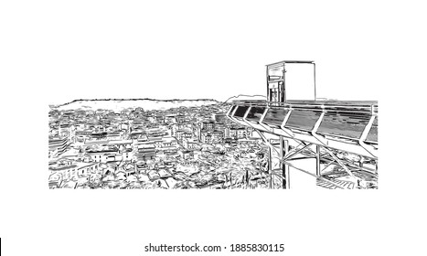 Building view with landmark of Cagliari is the capital city of Italy. Hand drawn sketch illustration in vector.