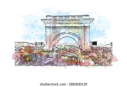 Building view with landmark of Cagliari is the capital city of Italy. Watercolour splash with hand drawn sketch illustration in vector.