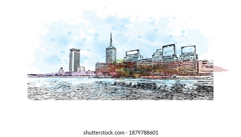 Building view with landmark of Cairo is the
capital in Egypt. Watercolour splash with hand drawn sketch illustration in vector.