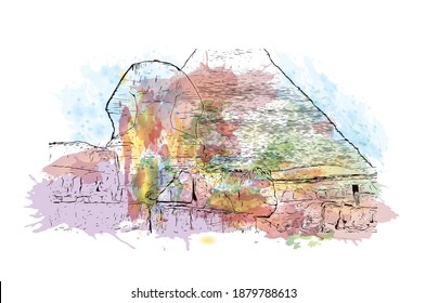 Building view with landmark of Cairo is the
capital in Egypt. Watercolour splash with hand drawn sketch illustration in vector.