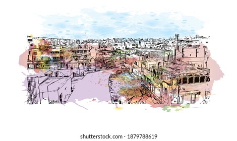 Construir vistas con el punto de referencia de El Cairo es el
capital en Egipto. Salto de color de agua con ilustración de esbozo dibujada a mano en vector.
