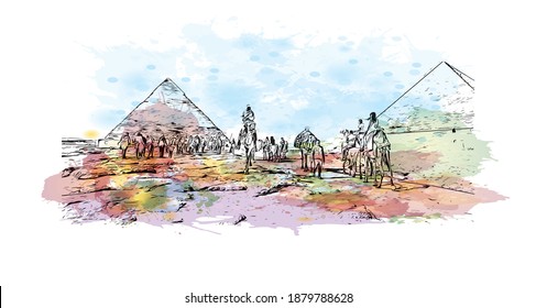 Building view with landmark of Cairo is the
capital in Egypt. Watercolour splash with hand drawn sketch illustration in vector.