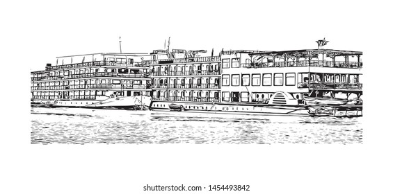 Building view with landmark of Cairo to Khartoum. Hand drawn sketch illustration in vector.