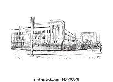 Building view with landmark of Cairo to Khartoum. Hand drawn sketch illustration in vector.